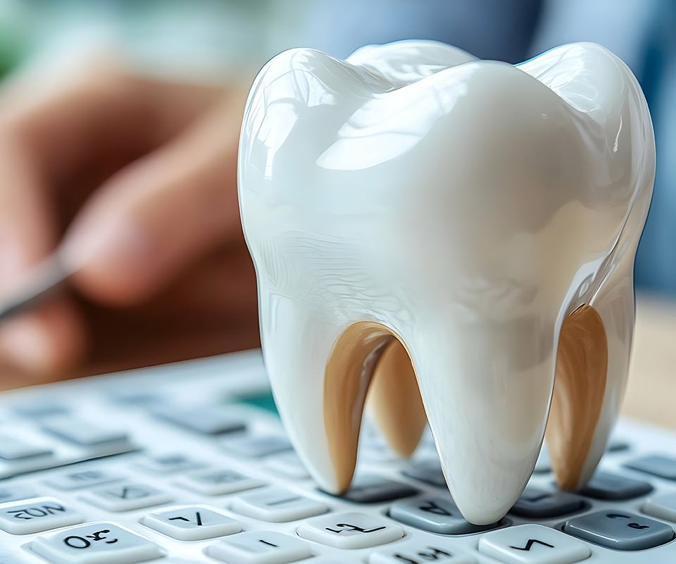 Close-up of a tooth model sitting on top of a calculator