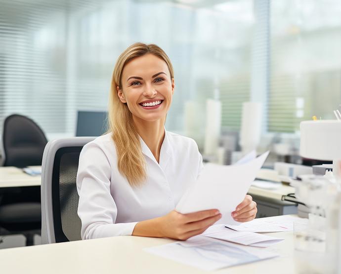 Friendly dental receptionist sitting behind desk